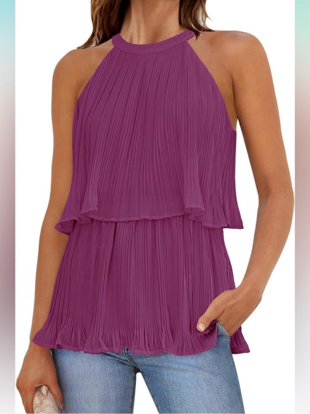 Zesica Pleated Halter Tank Top in Plum